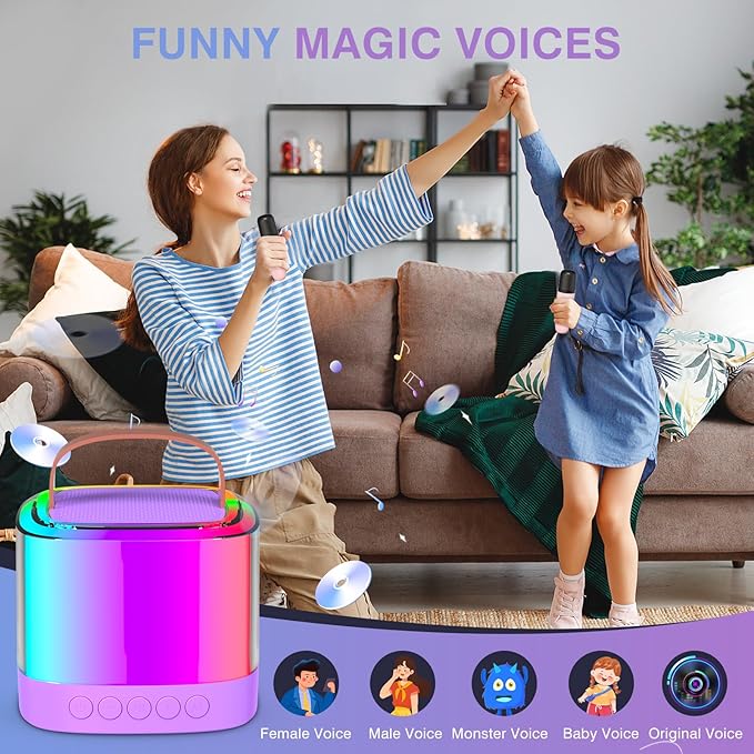 Mini Karaoke Machine for Kids Ages 2-12, Portable Wireless Karaoke Speaker with LED Party Lights & 2 Wireless Microphones, Perfect Birthday & Holiday Toys Gifts for Girls Boys（Q21-Purple）