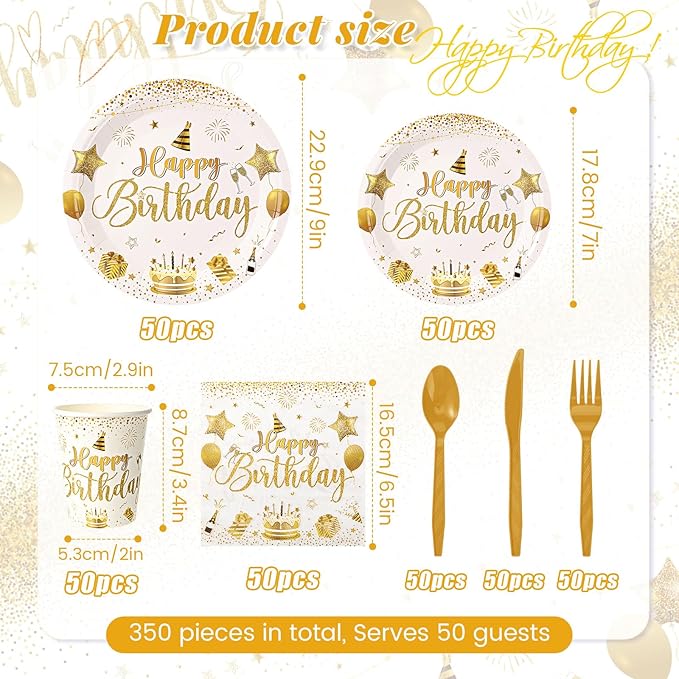 Vesici 350 Pcs Happy Birthday Party Supplies Disposable Party Tableware Set Serves 50 Included Plates Napkins Cups Cutlery for Men Woman 50th 80th Birthday Party Decorations(White Gold)