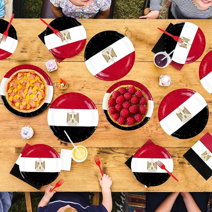 96Pcs Egypt Flag Party Supplies Egyptian Flag Plates and Napkins Red White Black Flags Tableware Set for Egyptian National Sports Events Patriotic Festival Birthday Party Supplies Serves 24
