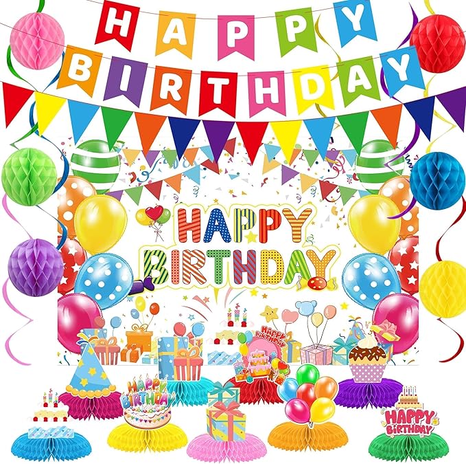 Birthday Decorations Kit, Happy Birthday Party Banner, Happy Birthday Backdrop, Honeycomb Balls, Metallic Hanging Swirls, Colorful Rainbow Party Decorations, Centerpieces for Tables(Colorful Birthday)