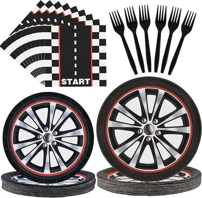 CANREVEL 96 PCS Race Car Birthday Party Plates Serve 24, Racing Car Plates and Napkins Forks Set, Disposable Tableware for Race Cars Party Supplies Decorations, Race Car Plates for Boys Kids Men