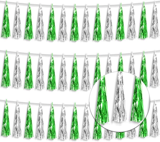 3P Metallic Fringe Tassel Banner Garland Foil Tinsel Streamer Wall Hanging Curtain Backdrop Banner for Parade Floats, Graduation Decorations, Father's Day Party Decoration(Green Silver)