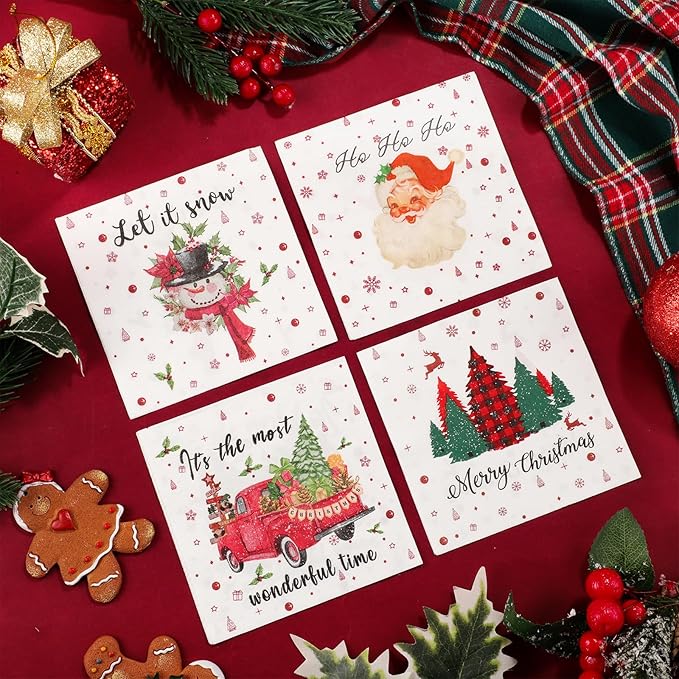 200 Pcs Christmas Cocktail Napkins, 5x5" Xmas Tree Santa Snowman Paper Napkins for Holiday, Winter & New Year Party