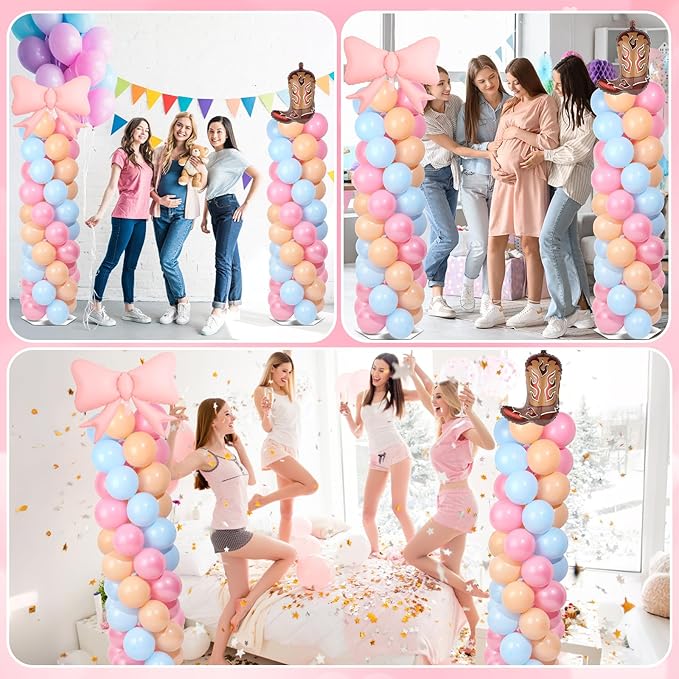 2 Sets Boots or Bows Gender Reveal Decoration Balloon Column Stand Kit with 102 Blue Pink Balloons 5.57ft Balloon Tower Stand with Base Arch for Western Cowgirl Cowboy Baby Shower Party Decor Supplies