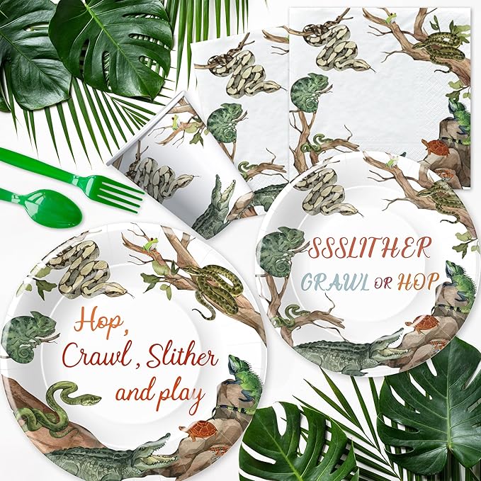 Reptile Birthday Party Supplies - Reptile Party Decorations, Plate, Cup, Napkin, Tablecloth, Tableware, Jungle Swamp Animal Lizard Snake Turtle Alligator Theme Party Decorations | Serve 24