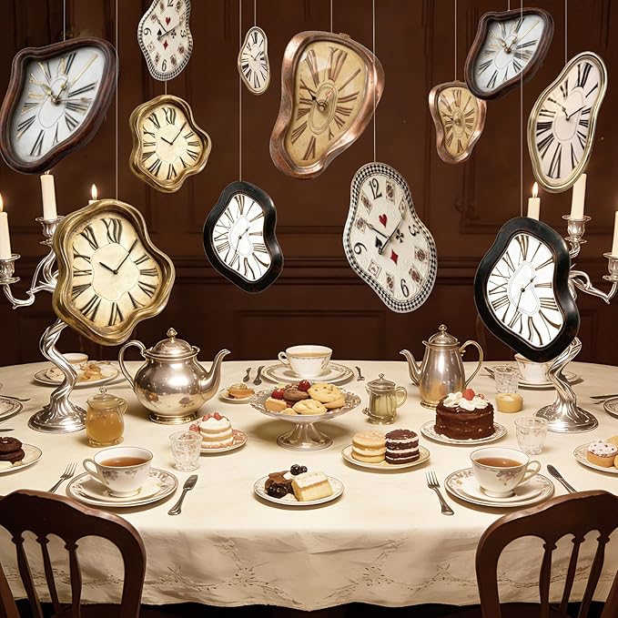 24 Pcs Wonderland Tea Party Decoration Clock Cards Hanging Banner Wonderland Melting Clock Garland Decorations Fairytale Theme Background for Birthday Baby Shower Garden Tea Party Supplies