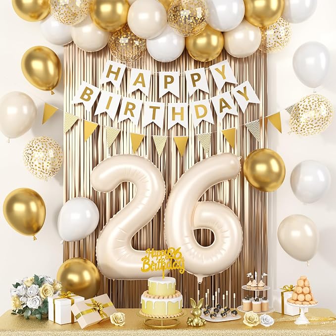 26th Birthday Decorations, White and Gold Happy Birthday Decoration Kit With Beige Number 26 Balloons Cream White Latex Balloon Champagne Fringe Curtain Cake Topper Banner For 26th Party Supplies