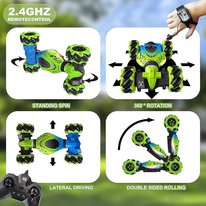 Gesture RC Car Green, 1:24 4WD Transform Off-Road Stunt Car with Gesture & Remote Control, 360° Flips Drift Vehicle with LED Lights Music, All Terrain Toy Cars Gifts for Boys Girls Age 6-12