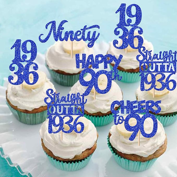 30 PCS 90th Birthday Cupcake Toppers Glitter Ninety Happy 90 Straight Outta 1936 Cupcake Picks for Cheers to 90 Fabulous 90th Birthday Anniversary Party Cake Decorations Supplier Blue