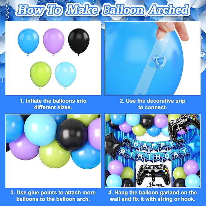 Video Game Theme Party Decorations, Black Blue Purple Green Balloons Happy Birthday Banner Cake Topper Game Foil Balloon Blue Fringe Curtain for Kids Boys Men Birthday Party Decor