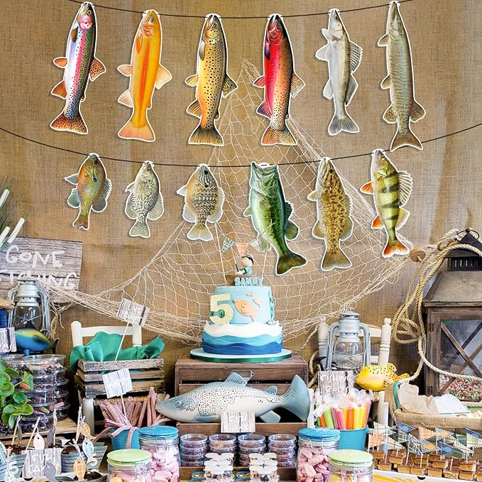 Fishing Birthday Decorations, Gone Fishing Party Supplies Sunfish Trout Bass Fishing Banner for Adults and Kids