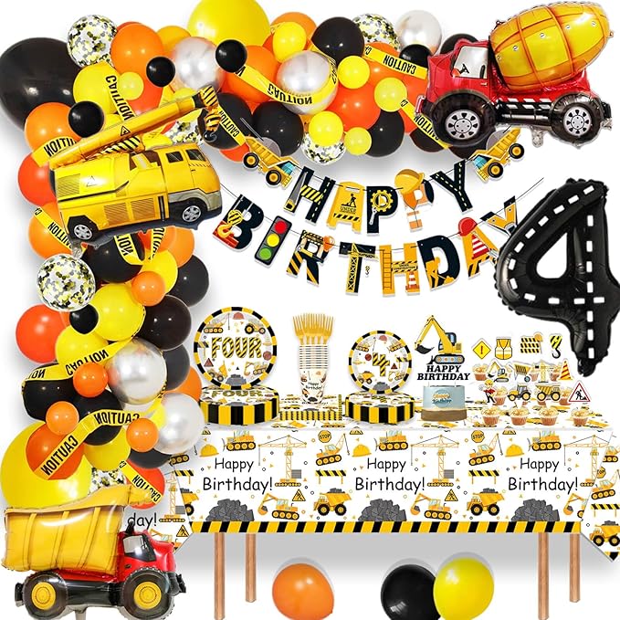 Construction 4th Birthday Party Plates Dump Truck Four Years Old Disposable Paper Dinner Plates Dinnerware for Construction Theme Fourth Birthday Party Supplies Decorations