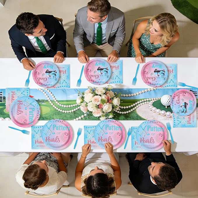 96Pcs Golf Gender Reveal Decorations Putters Or Pearls Plates and Napkins Tableware Sets Blue or Pink Decorations for Golf Theme He or She Gender Reveal Baby Shower Birthday Party Supplies Serves 24