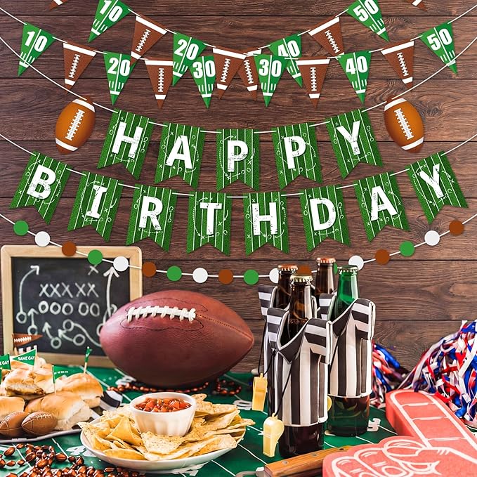 Pasimy 4 Pcs Football Birthday Party Banners Football Pennant Flag Happy Birthday Banner Circle Paper Garland Black Brown White Hanging Decorations Backdrop for Sports Bowl Party Outdoor Indoor