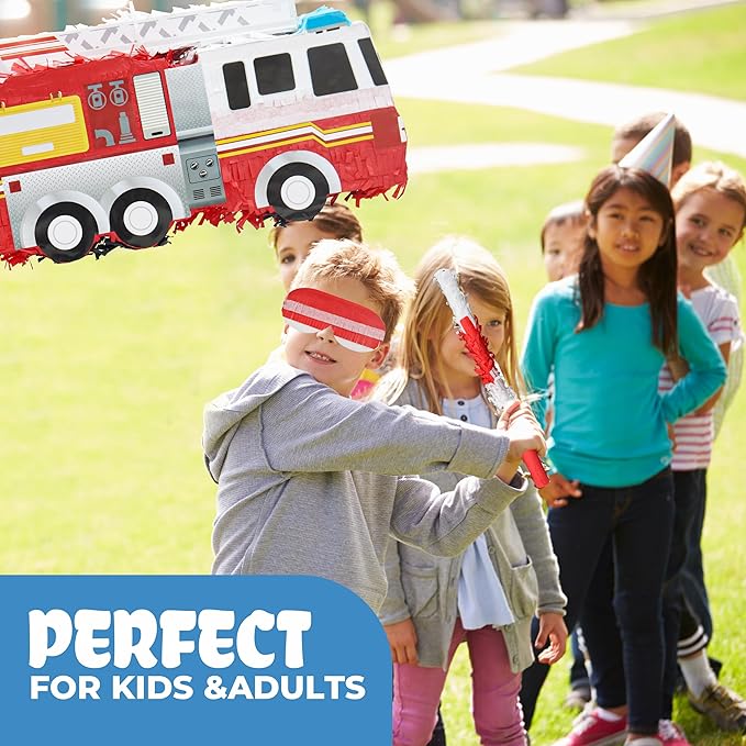Small Fire Truck Pinatas Bundle with a Blindfold and Bat(16.1x8x5.1 Inches), Perfect for Firetruck Birthday Decorations, Boys Birthday Party Supplies