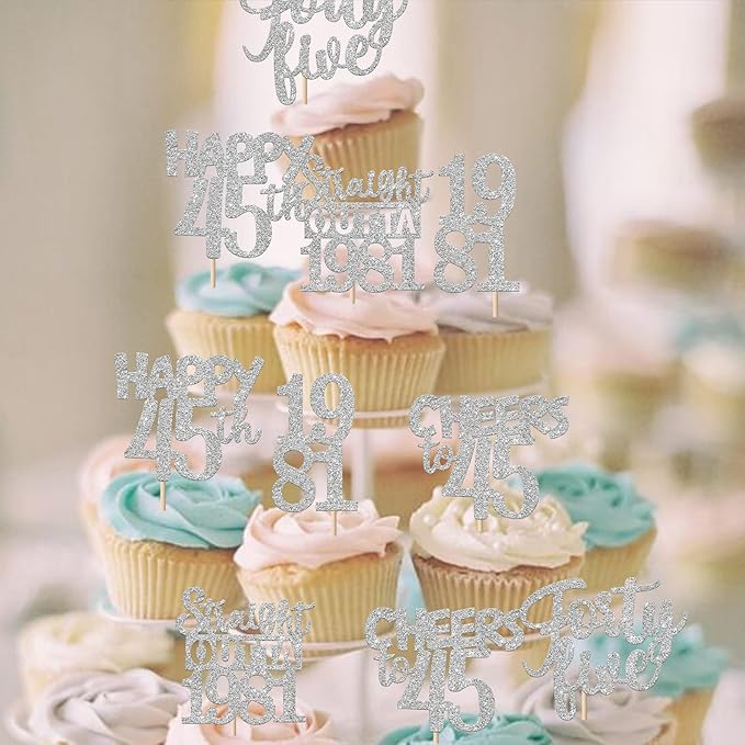 30 PCS 45th Birthday Cupcake Toppers Glitter Forty Five Happy 45 Straight Outta 1981 Cupcake Picks for Cheers to 45 Fabulous 45th Birthday Anniversary Party Cake Decorations Supplier Silver