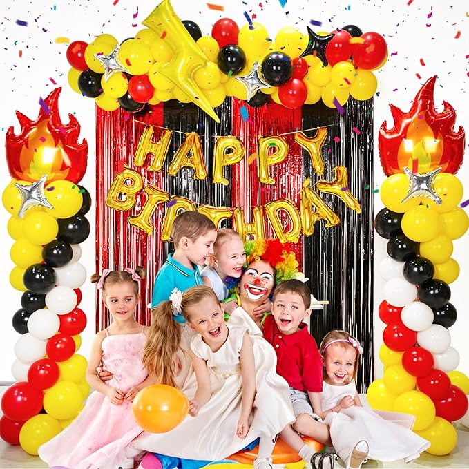 Cartoon Monster Birthday Party Decorations Supplies, Red Black Yellow Balloon Garland Arch Kit Curtains Backdrop Decor Birthday Banner Kit for Boys Girls Baby Shower-205 Pcs