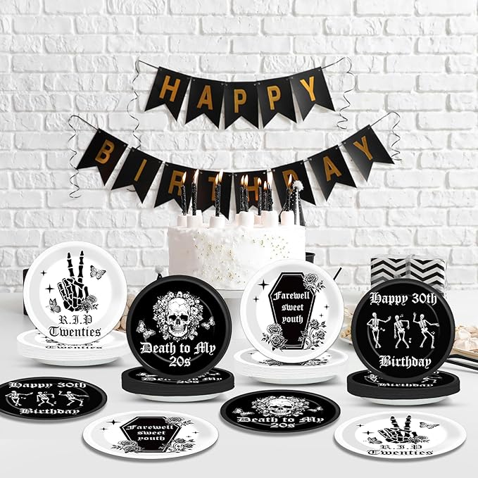 CHUNNIN 48Pcs Gothic Death to My 20s Party Paper Plates 30th Birthday Themed Party Supplies 7" Death to My Twenties Party Rip to My 20s Disposable Plates for 30th Birthday Party Decorations