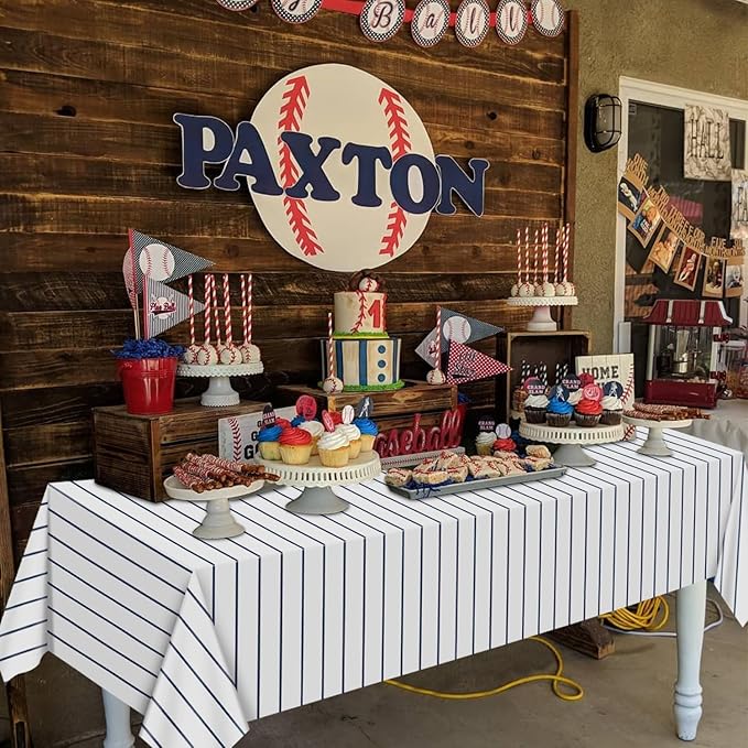 4 Pack Plastic Baseball Tablecloths, 51 x 86 Inches Rectangle Stripe Party Decorations for Game Day Baseball Theme Party Supplies