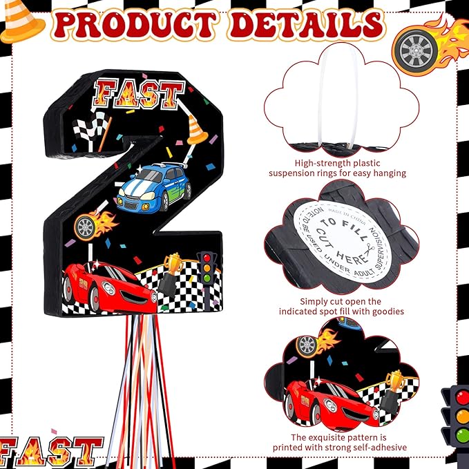 Race Car Piñata Pull String Cars Piñatas for Birthday Party Decorations Number 2 3 4 5 6 with Blindfold Stick Small Red Black Racing Theme 2nd 3rd 4th 5th 6th Party Supplies(Number 2)
