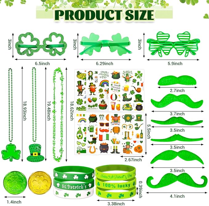 160PCS St. Patrick's Day Accessories Party Favor Set, Shamrock Party Supplies Set with Green Bead Necklaces, Clover Glasses, Mustache, Lucky Coins, Temporary Tattoos, Irish Festival Party Decorations