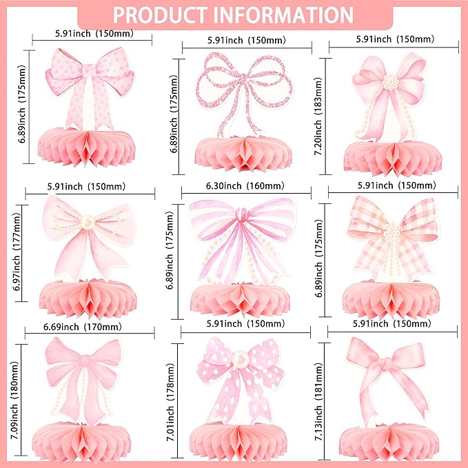 Gyufise 9Pcs Pink Bow Party Honeycomb Centerpieces Decorations Pink Bow Coquette Birthday Decorations Pink Bow Paper Coquette Party Supplies for Bridal Engagement Bachelorette Wedding Party Decor