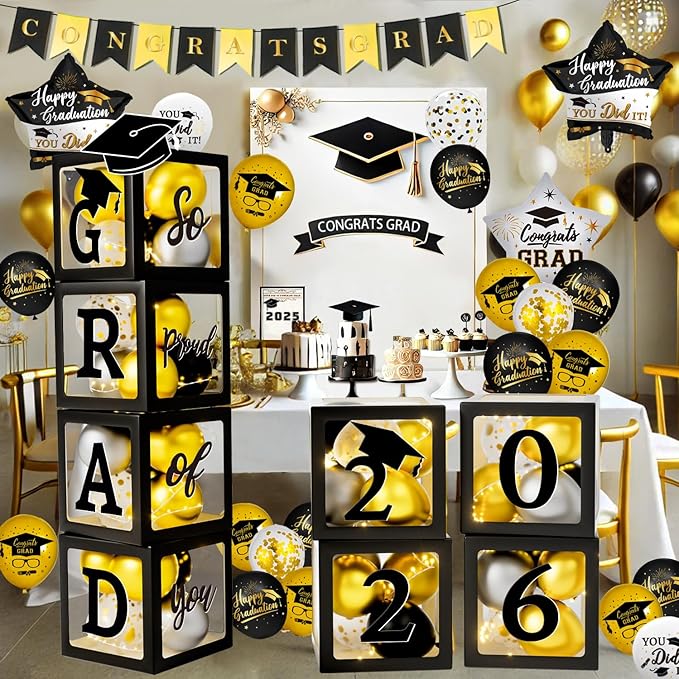 Graduation Decorations Class of 2026 - Black and Gold Graduation Decorations - Balloons Boxes with Letters 2026 GRAD So Proud of You, Congrats Grad Party Decorations for Any Grades