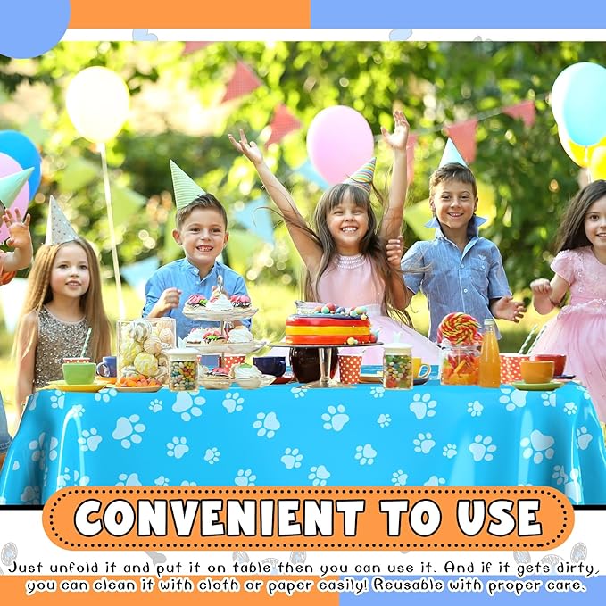 4 Pack Puppy Dog Pet Paw Print Plastic Tablecloth 54 x 108 Inches Dark Blue Orange Table Cover Paw Print Disposable Rectangle Table Cover for Pet Blue Dog Birthday Party Supplies