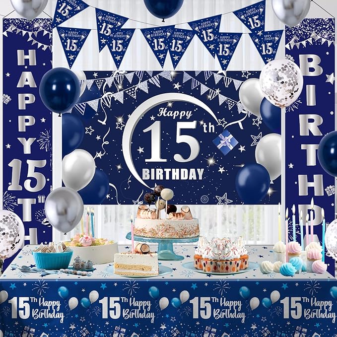 Blue 15th Birthday Decorations - Door Banner, Balloons, Porch Sign & Latex Balloons for Boys & Girls 15th Bday Party Supplies