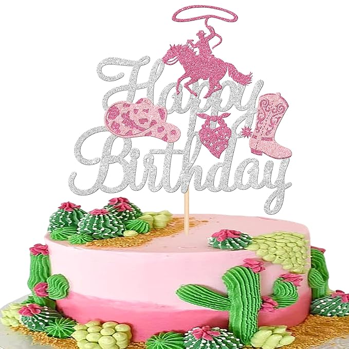 1 PCS Cowgirl Happy Birthday Cake Topper - Silver Glitter Western Hat Boot Disco Pick Decoration for Theme Women Party Supplies