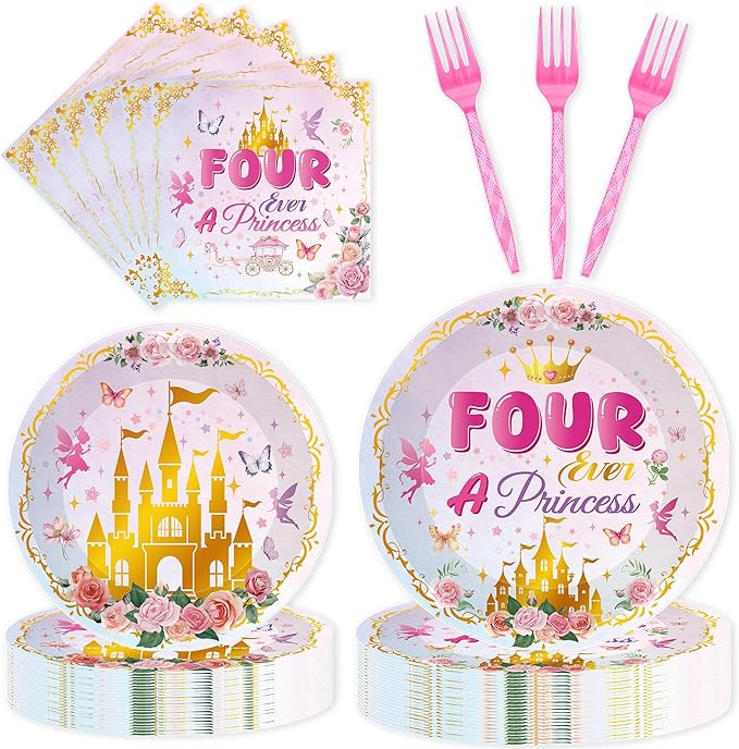 96Pcs Princess Party Plates & Napkins, Four Ever a Princess Birthday Party Tableware Set, Pink Disposable Plates, Forks, 4th Birthday Dinnerware Napkins for 24 Guests