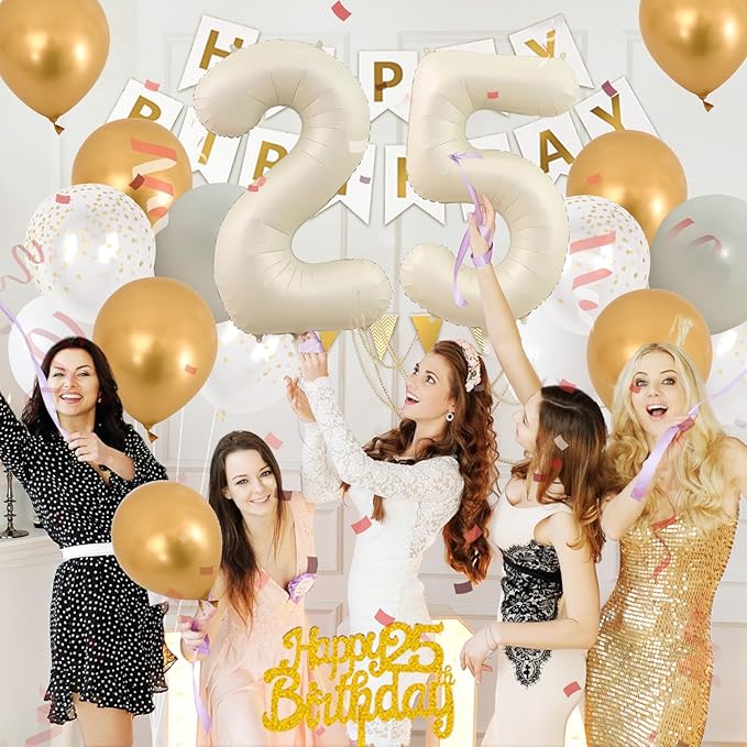 25th Happy Birthday Decorations, Sand White Birthday Decorations With Cream White 25 Number Balloons Beige Latex Helium Balloon Champagne Fringe Curtain Cake Topper Banner For 25th Party Supplies