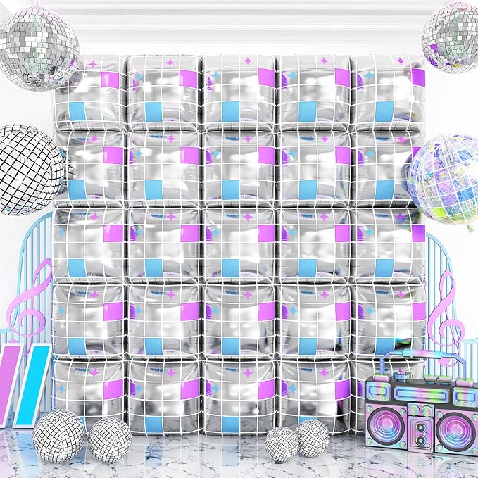 Silver Square Foil Balloon Wall,25Pcs Double Sided Balloons Backdrop Helium Polyester Balloon Tunnel Arch Garland Kit for Disco Party Birthday Bridal Anniversary Baby Shower Party Decorations