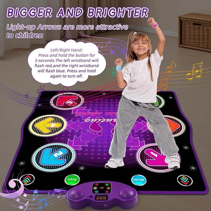 Kids Dance Mat Toy with 2 Gesture-Sensing Wristbands - Wireless Bluetooth Light-Up 6-Key Electronic Dance Pad, 6 Games & Music Modes, Birthday Gift for Girls Boys
