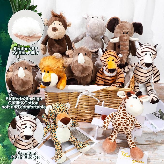 HyDren 10 Pieces 9 Inches Safari Stuffed Animals Set and Elephant Giraffe Lion Tiger Monkey Rhinoceros Zebra Leopard Hippo for Shower Jungle Animal(Classic)