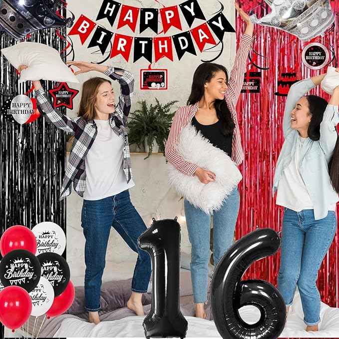 16th Birthday Decorations for Boys and Girls Red Black, Sweet 16 Party Decorations-Happy 16th Birthday Banner Number 16 Balloon Foil Crown Balloon Hanging Swirls Fringe Curtains Tablecloth