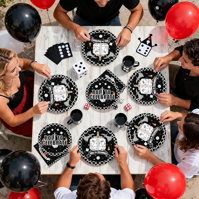96Pcs D20 Dice Party Supplies Dungeons Game Themed Dragons Dice Plates and Napkins Roll to Celebrate Tableware Set for Role-Playing Birthday Game Theme Party Supplies，Serves 24