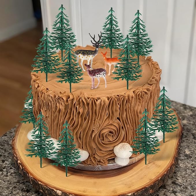 Hooqict 15Pcs Deer Christmas Tree Cake Topper with Tree Deer Figurines Hunting Cake Decorations for Winter Forest Woodland Birthday Party Supplies Animals Christmas Decorations