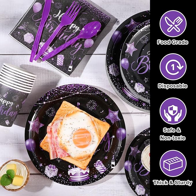 Vesici 350 Pcs Happy Birthday Party Supplies Disposable Party Tableware Set Serves 50 Included Plates Napkins Cups Cutlery for Men Woman 50th 80th Birthday Party Decorations (Black Purple)