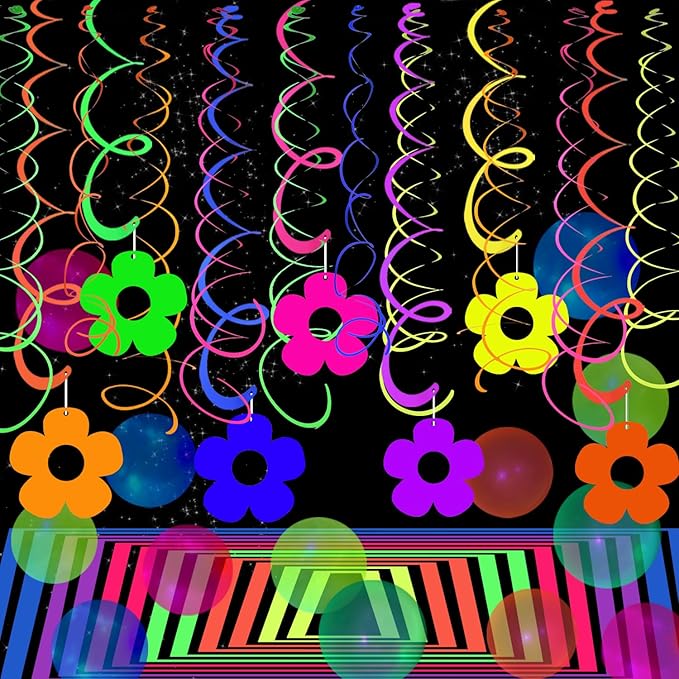56 Pcs Hollow Flowers Hanging Swirls Decorations Neon Streamer for Ceiling Flower Neon Garlands Glow Party Supplies Decoration UV Black Light Neon Party Swirling Decorations for Dark Birthday Favors