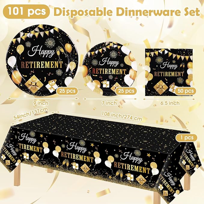 Zhehao 101 Pcs Retirement Party Tableware Set Black and Gold Happy Retirement Party Supplies Includes 50 Paper Plates, 50 Napkins and 1 Tablecloth for Men Women Say Goodbye