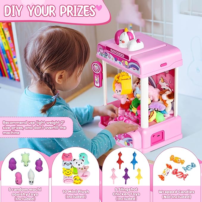 CWLAKON Claw Machine for Kids, Mini Vending Machine Girls Unicorn Toys with Sound & 20 Mini Toys, Candy Grabber Prize Dispenser Machine Electronic Arcade Games, Christmas Birthday Gifts, Pink