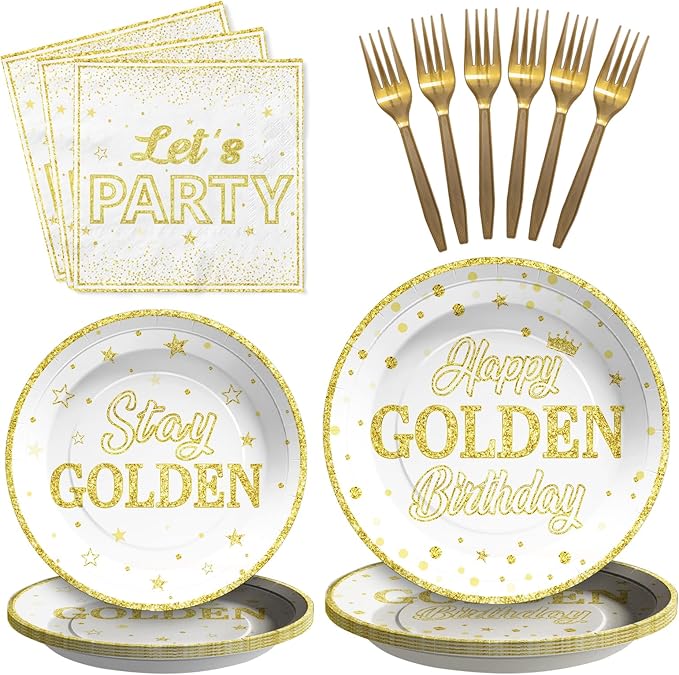 96Pcs Happy Golden Birthday Party Decorations White Gold Plates and Napkins Gold Glitter Disposable Paper Plates Tableware Set for Women Men Happy Birthday Baby Shower Party Supplies Serves 24