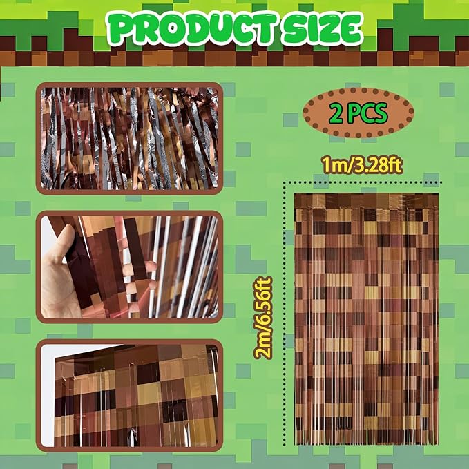 2 Pack Brown Foil Fringe Curtains Birthday Decorations Pixel Tinsel Backdrop, 3.2x6.6ft Video Game Door Streamers Gamer Birthday Party Decorations Supplies Favors