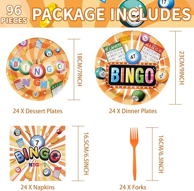 96Pcs Bingo Party Supplies Colorful Bingo Night Plates and Napkins Disposable Tableware Sets Bin-go Theme Birthday Decorations Favors for Adults Boys Girls Family Game Night Decorations Serves 24