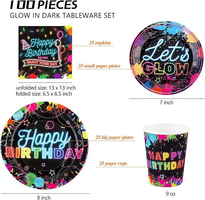 Durony 100 Piece Neon Glow Party Supplies - Glow In Dark Tableware Set Includes Paper Plates, Cups, Napkins - Neon Birthday Party Decorations - Serves 25 Guests