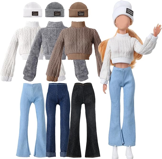 6 Pcs Winter Doll Clothes 11.8 Inch Fashion Doll Accessories Set Sweaters Denim Pant Clothing Sweet Outfits for Winter Spring Party Birthday Gift