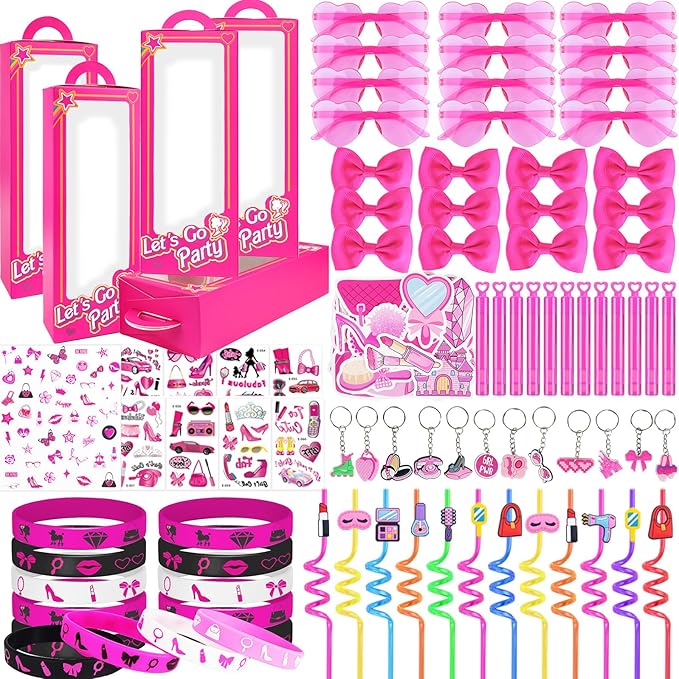 146Pcs Pink Party Favors for Girls, Hot Pink Princess Birthday Party Goodie Bag Stuffer Filler for Kids Girls Birthday Party Decoration Supplies