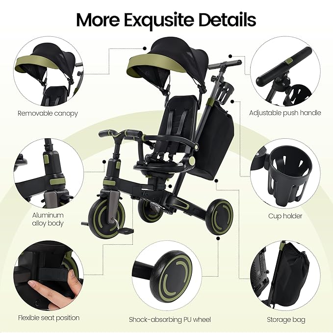 Aneco 9-in-1 Multi-functional Baby Tricycle for Toddlers 10 Months-3 Years with Removable Canopy Rotatable Seat Safety Harness Wheel Brake Adjustable Push Handle Storage Bag Cup Holder Black and Green
