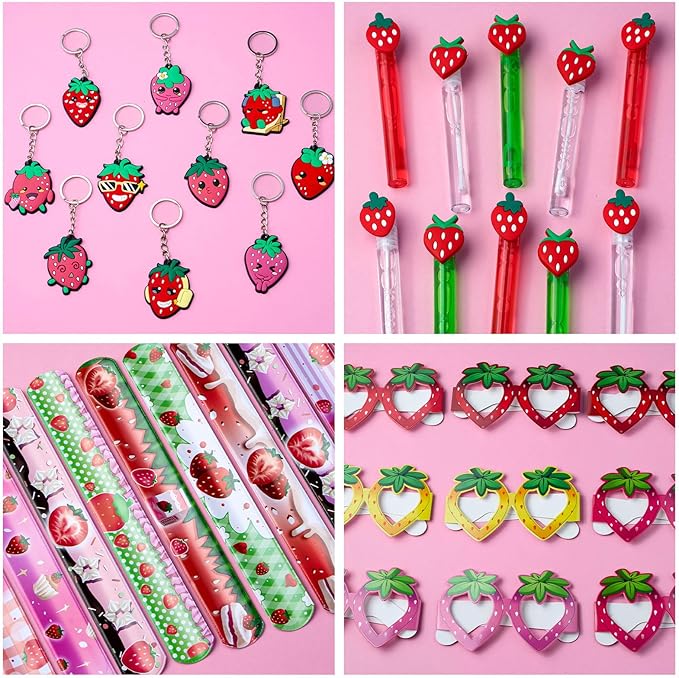 WHALEISLAND Strawberry Party Favor Sweet Berry gift bag Stickers Stampers Keychain Paper Straws Gift Rewards for Kids Girls Birthday Supplies